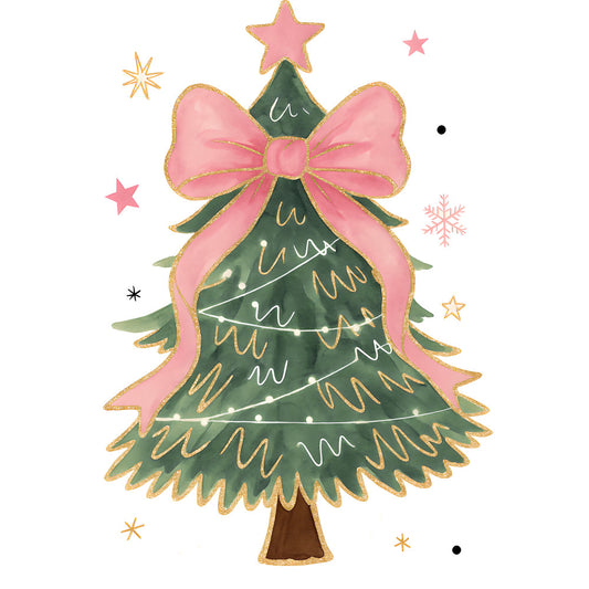 pink, green, gold, christmas tree, star, bow, ribbon, snowflake, watercolor, festive, holiday, fabric panel, quilting cotton, winter, decorative, seasonal, pastel, soft colors, whimsical, crafting
