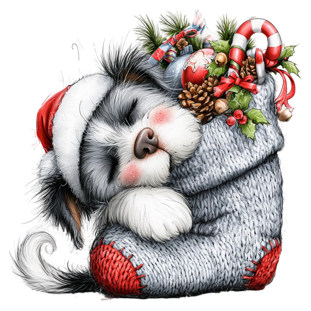 christmas, holiday, festive, cute animals, whimsical, dog, puppy, shih tzu, red and white, gray, cream, candy cane, holly, pinecone, berries, winter, cozy, playful, charming, decorative, greeting card style, children's, baby, cheerful, vintage inspired, traditional christmas, red accents, animal portrait, kissing dogs