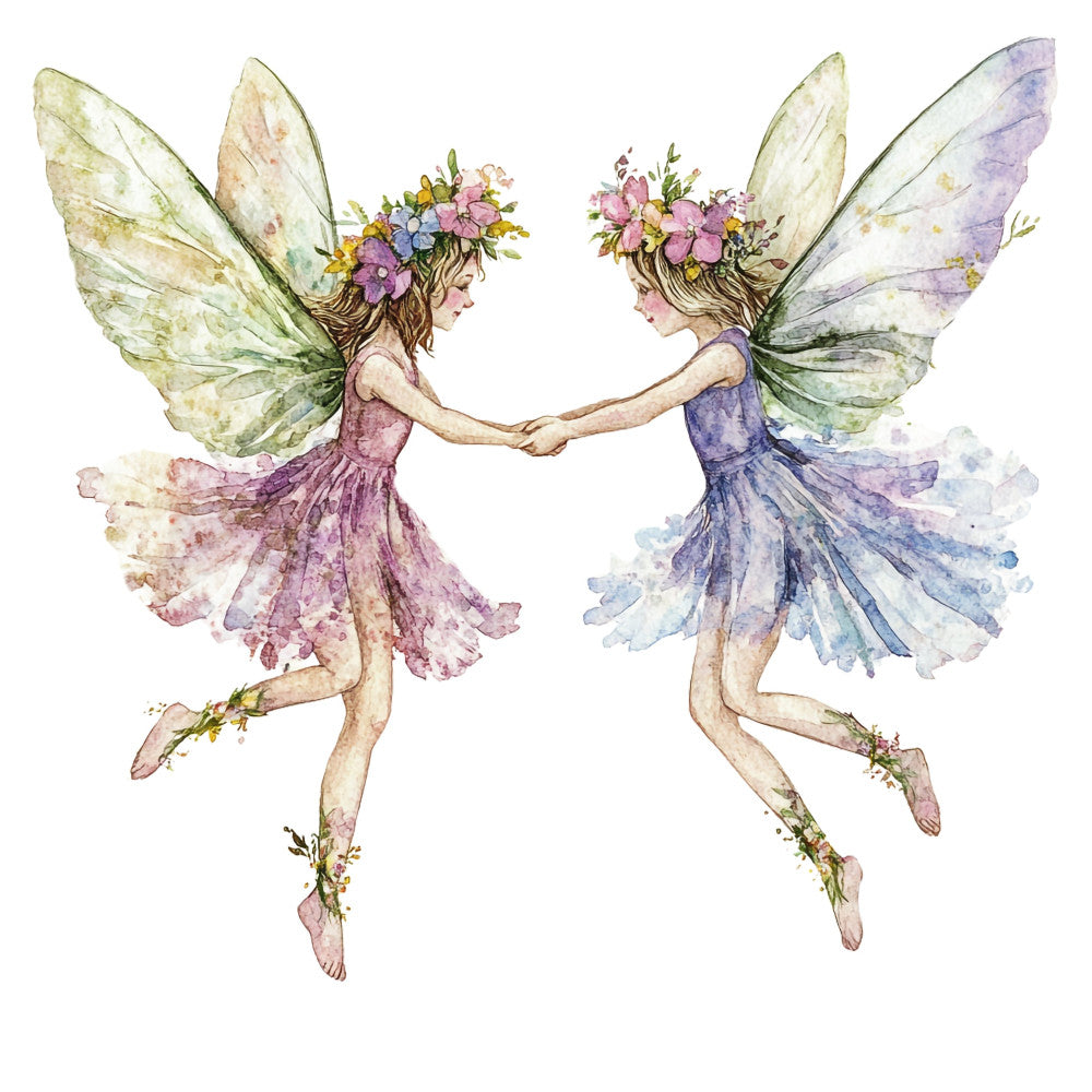 fairy wings, floral crown, whimsical fairies, fantasy, magical creatures, spring, pastel colors, soft pink, lavender blue, sage green, cream, nature inspired, flower crown, dancing figures, romantic, delicate, ethereal, enchanted, storybook illustration, children's design, girl's nursery, feminine, dreamy, watercolor style, botanical elements, dancing maidens, fantasy art, celestial whimsy, soft and sweet, nature fantasy