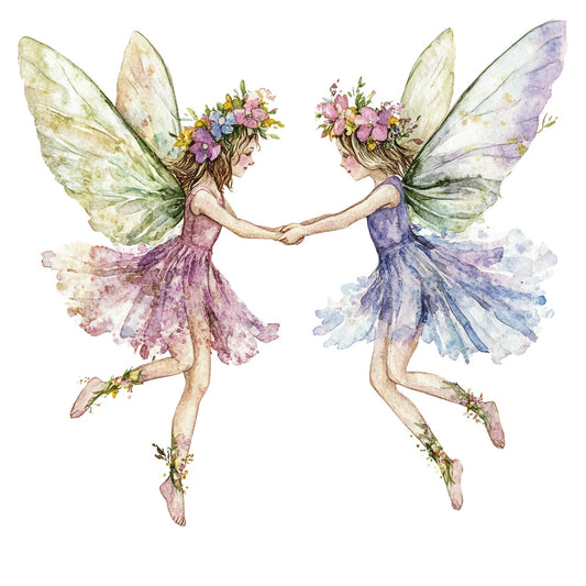 fairy wings, floral crown, whimsical fairies, fantasy, magical creatures, spring, pastel colors, soft pink, lavender blue, sage green, cream, nature inspired, flower crown, dancing figures, romantic, delicate, ethereal, enchanted, storybook illustration, children's design, girl's nursery, feminine, dreamy, watercolor style, botanical elements, dancing maidens, fantasy art, celestial whimsy, soft and sweet, nature fantasy