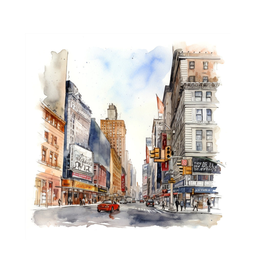 watercolor cityscape, urban architecture, new york city, street scene, buildings, skyscrapers, red car, traffic light, busy street, vintage city, modern urban, architectural illustration, tan buildings, cream colored, blue gray, rust orange, navy blue, street art, city life, travel themed, tourist destination, metropolitan, artistic style, hand painted effect, contemporary art, city lover gift, wall hanging, home decor, novelty print