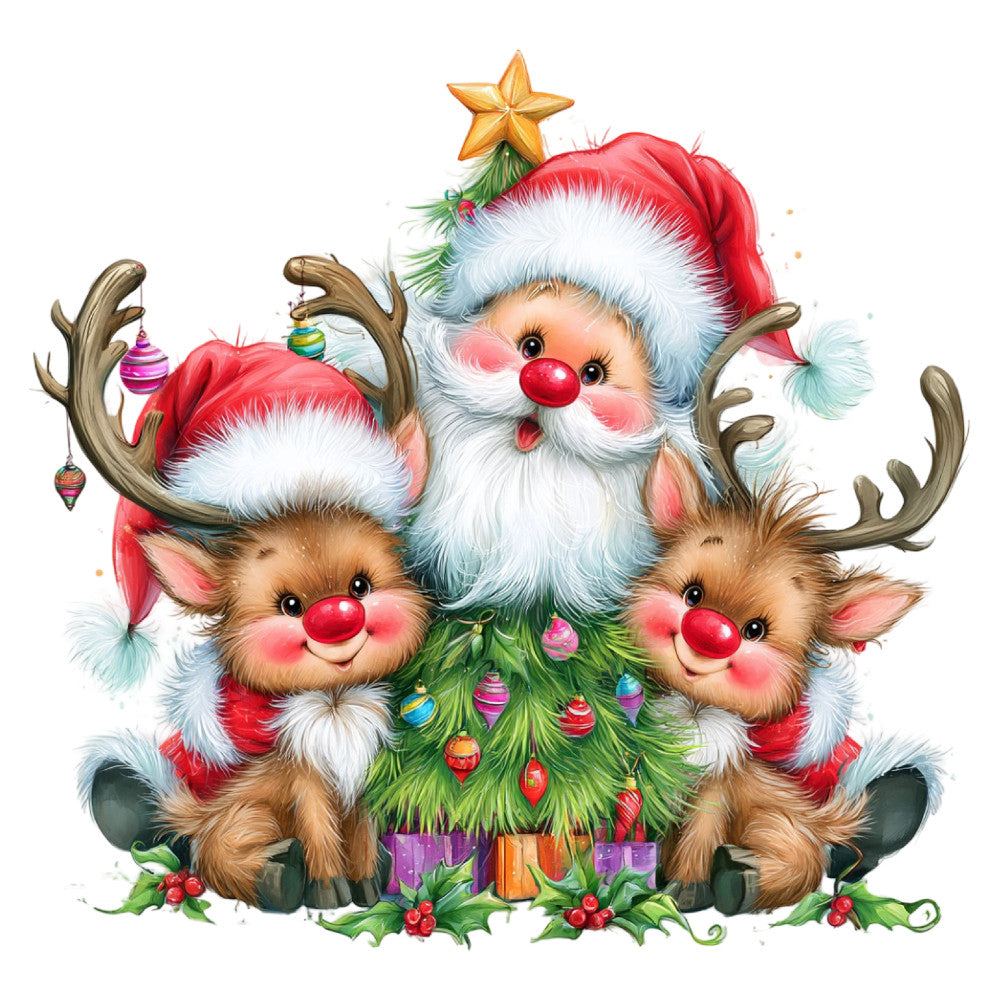 santa, reindeer, christmas, holiday, festive, whimsical, cute, red, white, green, gold, forest green, red hat, christmas tree, ornaments, presents, gifts, holly, berries, nose, charming, children's, playful, traditional, seasonal, winter, decorative, cheerful, jolly, magical