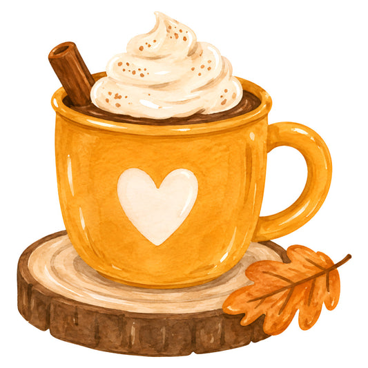 pumpkin spice, autumn, fall, orange, cream, brown, wood slice, heart, cinnamon stick, whimsical, cozy, seasonal, harvest, rustic, farmhouse, coffee mug, beverage, whipped cream, spiced, warm tones, thanksgiving, october, september, comfort, hot chocolate, cottagecore, adorable, cute, home decor, kitchen theme