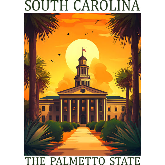 fabric panel, south carolina, state capitol, palmetto trees, sunset sky, orange gradient, yellow sun, colonial architecture, government building, warm colors, golden hour, silhouette birds, landscaped pathway, tropical foliage, vintage poster style, tourism design, southern state, quilting cotton, decorative panel, architectural landmark