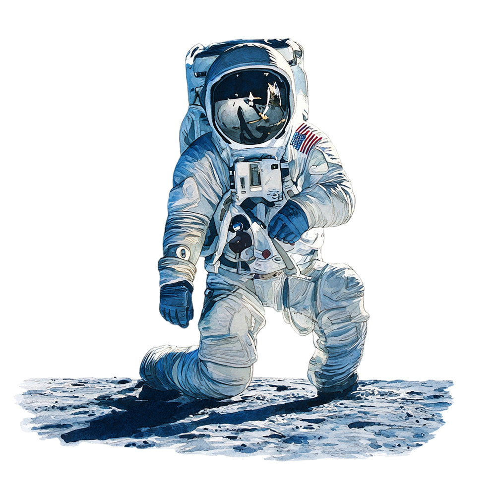 astronaut, space exploration, nasa, moon landing, blue and white, light blue, navy blue, white, gray, silver, patriotic, american flag, science, vintage space, retro space, mid-century modern, illustrative, realistic, space suit, celestial, moon surface, educational, boys, STEM, adventure, wall hanging, home decor, novelty, iconic