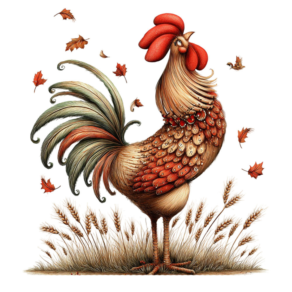 rooster, autumn, fall, harvest, farmhouse, rustic, whimsical, cream, burnt orange, rust red, tan, golden brown, sage green, wheat, grain, leaves, maple leaves, countryside, folk art, traditional, decorative, elegant, nature-inspired, barn, agricultural, seasonal, warm tones, vintage style, home decor