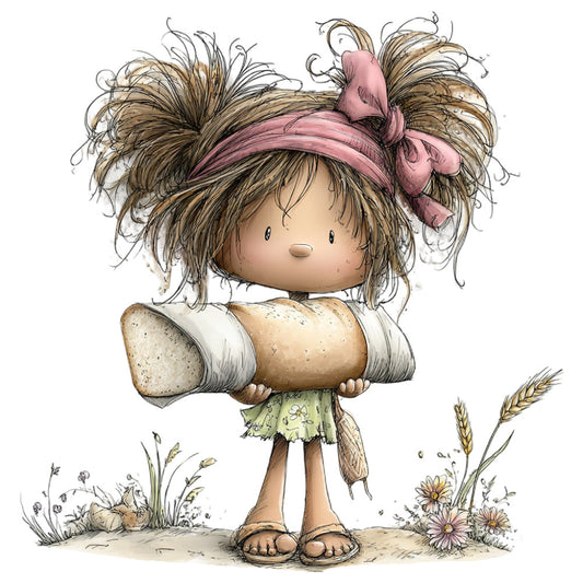 whimsical, girl character, brown hair, pink bow, rustic, farmhouse, vintage, cute, illustration, children's, wheat stalks, daisies, wildflowers, nature, country, tan, cream, soft pink, green, earthy tones, barefoot, bread loaf, cottage core, storybook, pastoral, folk art, springtime, summer, child-themed, nursery