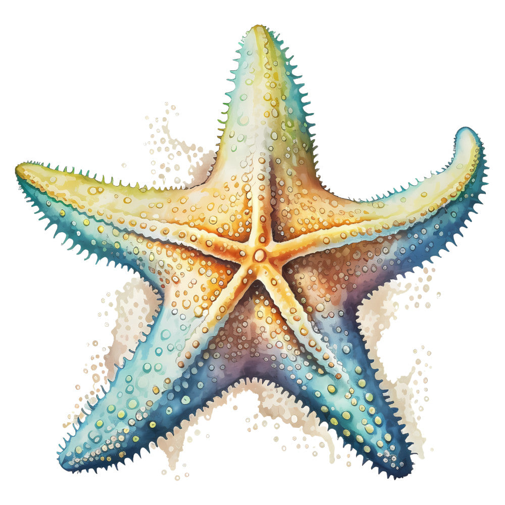 starfish, sea star, ocean, nautical, beach, coastal, teal, turquoise, golden yellow, coral orange, cream, watercolor, gradient, spotted, textured, marine life, sea creature, summer, tropical, whimsical, artistic, nature, aquatic, seaside, watercolor effect, multi-colored, dimensional, speckled, ocean theme, beach decor