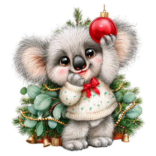 cute koala, christmas, holiday, festive, red ornament, cream sweater, green eucalyptus, gold beads, pearl beads, winter, seasonal, whimsical, charming, adorable animals, baby, nursery, children's, soft gray, warm cream, forest green, gold accents, red bow, decorative bells, nature-inspired, playful, cheerful, festive design, christmas panel