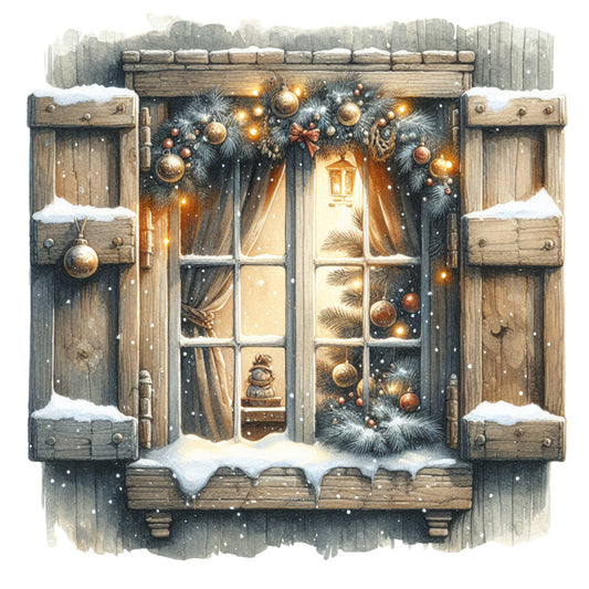 brown, gray, gold, warm yellow, vintage window, christmas wreath, evergreen garland, ornaments, lantern, snow, wooden shutters, cozy lighting, winter scene, fabric panel, quilting cotton, holiday theme, rustic charm, watercolor style, festive decorations, pine boughs
