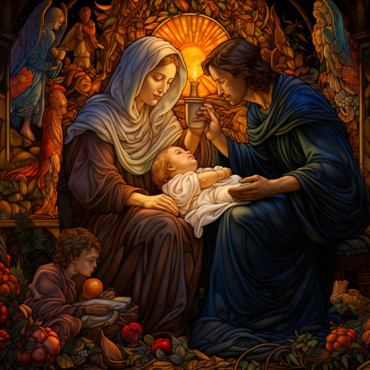 nativity scene, stained glass, holy family, mary, joseph, baby jesus, angels, golden yellow, deep blue, warm orange, religious imagery, christmas theme, fabric panel, quilting cotton, renaissance style, sacred art, devotional scene, shepherd boy, radiant light, ornate border