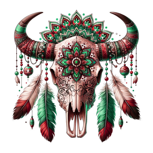 bull skull, tribal art, mandala patterns, feathers, dreamcatcher, red, green, brown, beige, geometric designs, native american inspired, bohemian style, ornate details, beadwork, fabric panel, quilting cotton, southwestern motif, spiritual symbols, decorative chains, intricate artwork