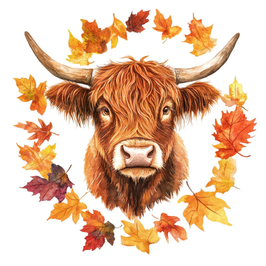 highland cow, longhorn cattle, autumn leaves, fall foliage, maple leaves, rust orange, burnt orange, golden yellow, warm brown, reddish brown, animal portrait, farmhouse style, rustic, whimsical, nature themed, livestock, farm animals, seasonal, autumn, fall décor, cow face, detailed illustration, woodland, country style, decorative panel, wall art, rustic farmhouse, cozy, warm tones, harvest season