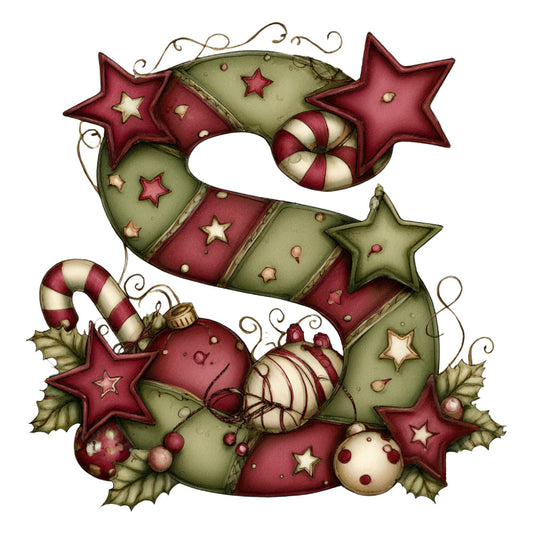burgundy, sage green, cream, candy cane, holiday, christmas, festive, whimsical, vintage, stars, ornaments, candy canes, holly leaves, berries, striped, traditional, nostalgic, seasonal, winter, decorative, embellished, three-dimensional, crafty, folk art, rustic, elegant, timeless, festive decor, wall hanging