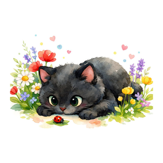 black cat, charcoal gray, sage green, coral pink, golden yellow, lavender purple, red, cream, whimsical, floral, nature, animals, cat lover, spring, summer, hearts, daisies, wildflowers, ladybug, botanical, playful, cute, children's, woodland, garden, sweet, decorative, wall hanging, baby quilt, panel fabric