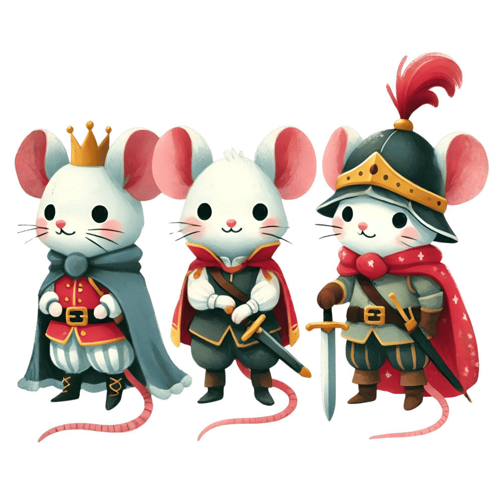 whimsical mice, fantasy animals, royal characters, crown, sword, cape, armor, medieval, storybook, children's illustration, cute animals, character panel, dusty rose, cream white, forest green, gold accents, brown leather, red fabric, princess mouse, warrior mouse, knight mouse, fairytale, adventurous theme, playful style, illustration art, animal characters, embellished details, red cape, feathered hat, child-friendly