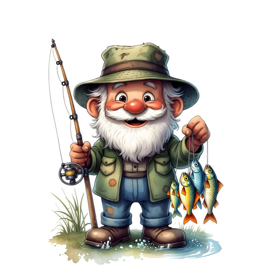 fishing, fisherman, gnome, garden gnome, whimsical, novelty, children's, kids, outdoor recreation, water, fishing pole, fish, catch of the day, khaki green, forest green, blue denim, cream, white beard, rustic, vintage, leisure, hobby, nature, countryside, charming, playful, cheerful, decorative panel, wall art, apparel fabric