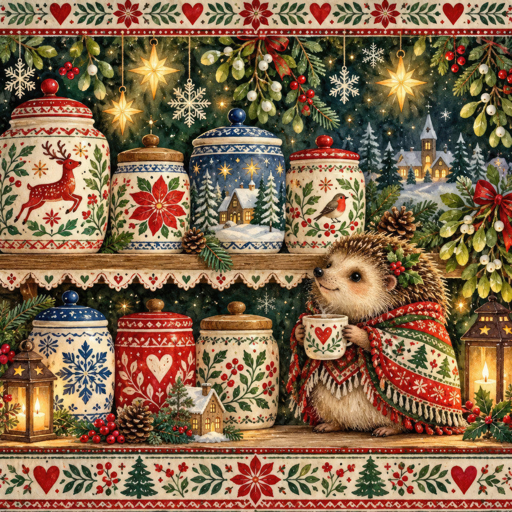 christmas, holiday, winter, festive, red, cream, dark green, navy blue, gold, traditional, vintage, whimsical, rustic, hedgehog, animals, nature, hearts, snowflakes, stars, poinsettias, mistletoe, pine trees, lanterns, cottages, houses, churches, ornaments, folk art, scandinavian, cozy