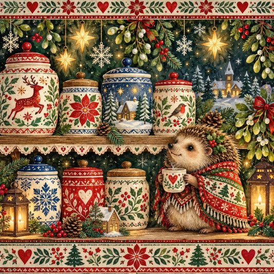 christmas, holiday, winter, festive, red, cream, dark green, navy blue, gold, traditional, vintage, whimsical, rustic, hedgehog, animals, nature, hearts, snowflakes, stars, poinsettias, mistletoe, pine trees, lanterns, cottages, houses, churches, ornaments, folk art, scandinavian, cozy