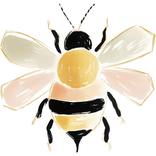 bee, honeybee, black and gold, yellow, cream, white, nature, insects, garden, spring, summer, whimsical, modern, children's, baby, animal motif, striped abdomen, wings, botanical, cute, playful, cheerful, bright, hand-painted style, illustration, decorative, nursery, nature-inspired