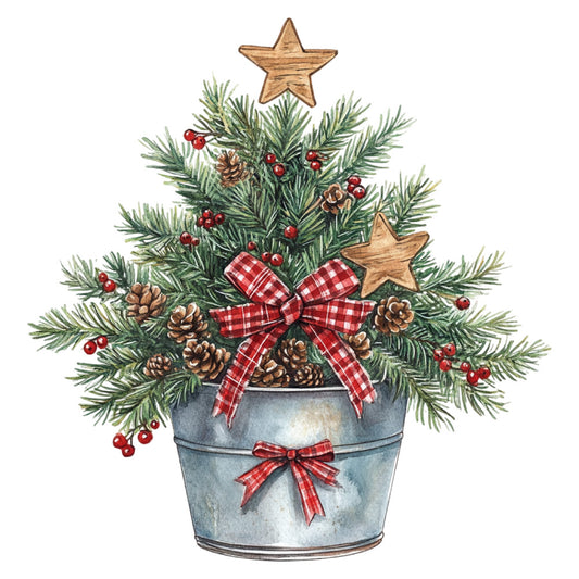christmas tree, holiday, festive, evergreen, pinecones, red berries, wooden star, plaid bow, red and white gingham, rustic, farmhouse, traditional, winter, seasonal, potted plant, bucket planter, forest green, cream, gray blue, natural wood tones, cottagecore, vintage, whimsical, nature-inspired, botanical, decorative bow, christmas décor, festive arrangement, country style, folk art