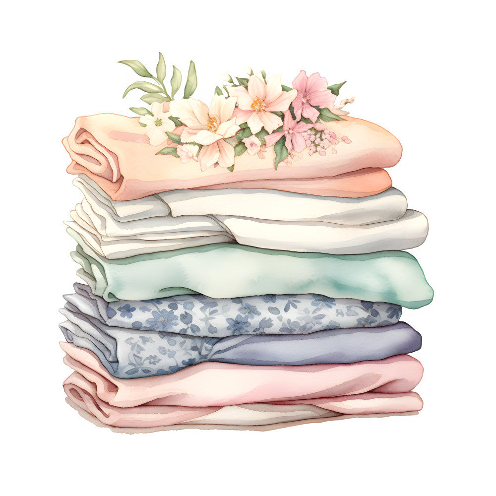 stacked fabrics, folded textiles, linen stack, fabric collection, pastel colors, dusty rose, blush pink, soft pink, cream, ivory, sage green, mint green, lavender, periwinkle blue, floral design, flower motif, botanical print, delicate flowers, vintage style, cottage core, shabby chic, romantic, feminine, elegant, spring theme, garden flowers, layered design, home organization, textile art, watercolor florals