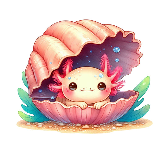 cute axolotl, cartoon character, pink coral, turquoise blue, green seaweed, purple galaxy, kawaii style, underwater scene, marine life, fabric panel, quilting cotton, children's fabric, whimsical design, pastel colors, sea creature, adorable animal, soft illustration, aquatic theme, nursery decor, craft fabric
