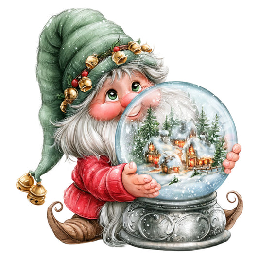 christmas, holiday, winter, santa, gnome, snow globe, festive, whimsical, traditional, red, forest green, sage green, gold, white, vintage, nostalgic, snow scene, cabin, evergreen trees, bells, magical, enchanted, decorative panel, wall hanging, christmas quilt, seasonal, jolly, cheerful, cottage core, storybook illustration