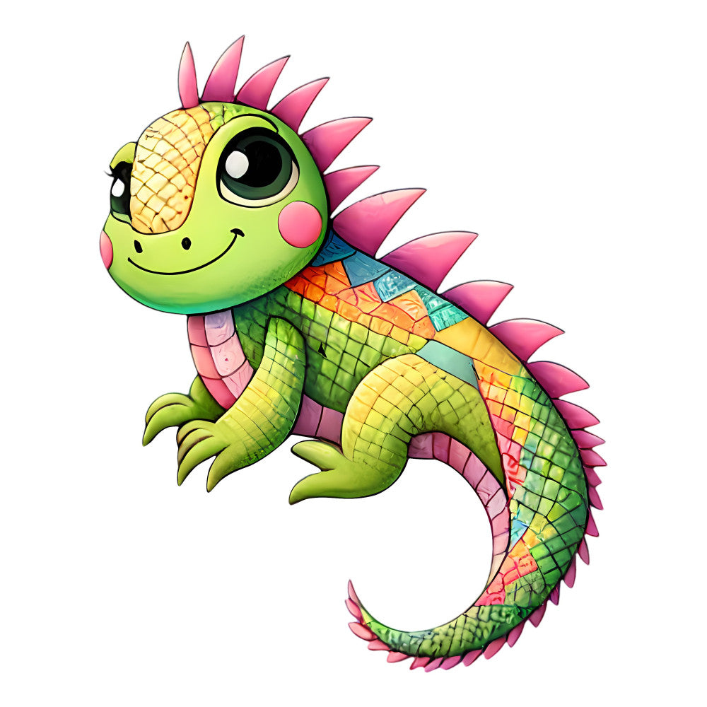 lime green, hot pink, magenta, yellow, coral orange, turquoise blue, dinosaur, dragon, cute animals, whimsical, playful, colorful, reptile, scaled texture, children's, kids, baby, nursery, fantasy creature, bright colors, multicolor, cheerful, friendly, smiling face, large eyes, decorative panel, wall hanging, baby quilt, playroom, gender neutral