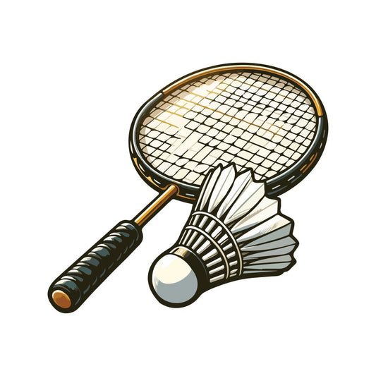 badminton, sports, racket, shuttlecock, birdie, tan, gold, black, white, cream, athletic, recreational, games, leisure, vintage sports, retro, whimsical, playful, hobby themed, active lifestyle, classic sports, hand drawn, illustrated, decorative sports, traditional style, nostalgia, summer, outdoor games