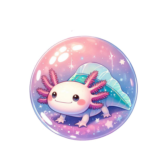 cute axolotl, cartoon animal, pink gradient, purple gradient, blue gradient, galaxy background, sparkles, stars, circular panel, kawaii style, pastel colors, aquatic creature, magical theme, fabric panel, quilting cotton, adorable character, whimsical design, space theme, celestial elements, enchanted feel