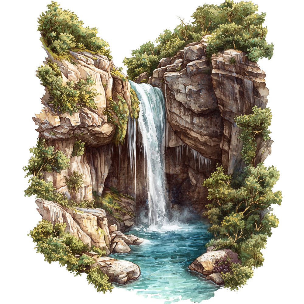 waterfall scene, nature landscape, rocky cliffs, cascading water, turquoise pool, lush greenery, brown rocks, sage green foliage, watercolor style, serene mood, fabric panel, quilting cotton, outdoor scene, natural elements, flowing water, stone formations, botanical details, peaceful setting, landscape art, nature print