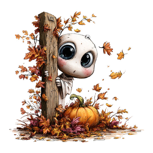 autumn, fall, halloween, whimsical, cute, character, creature, ghost, pumpkin, leaves, falling leaves, nature, seasonal, orange, golden yellow, cream, white, ivory, rust, burgundy, woodland, harvest, cozy, playful, decorative panel, wall art, children's, kid-friendly, festive, spooky-cute