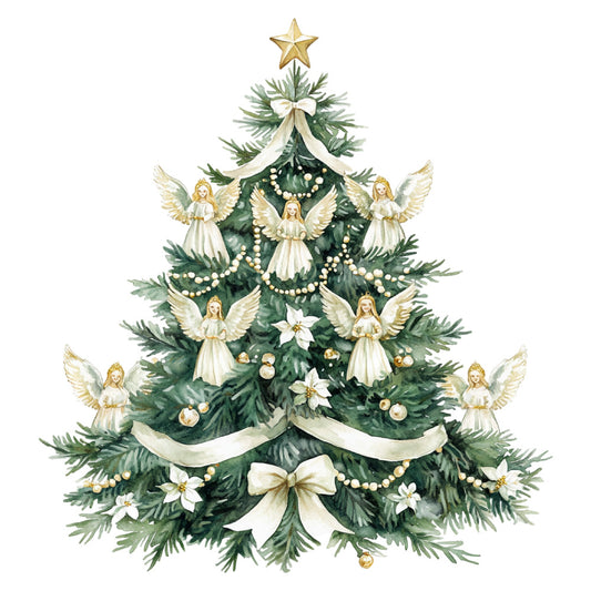 forest green, cream, gold, white, angels, christmas, holiday, festive, religious, celestial, nature, traditional, elegant, whimsical, evergreen, pine branches, pearl beads, gold ornaments, ribbons, bows, stars, flowers, poinsettias, winter, seasonal, nativity, spiritual, vintage, decorative, multi-panel