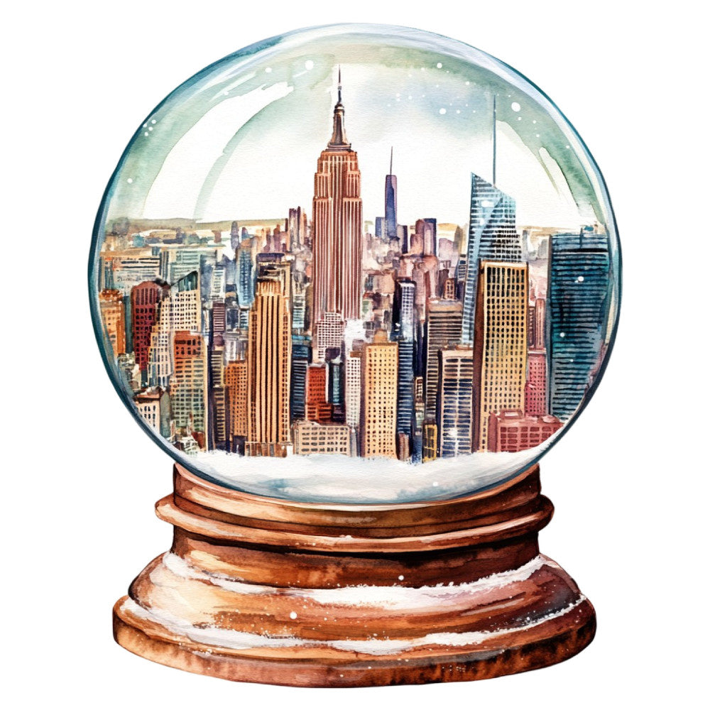 new york city, snow globe, winter, skyline, empire state building, urban landscape, city scene, architecture, building, cityscape, red brick, gold accents, blue-gray, cream white, snow, holiday, novelty, travel theme, vacation, souvenir, whimsical, decorative, vintage style, nostalgic, americana, gift fabric, wall hanging, home decor, seasonal winter