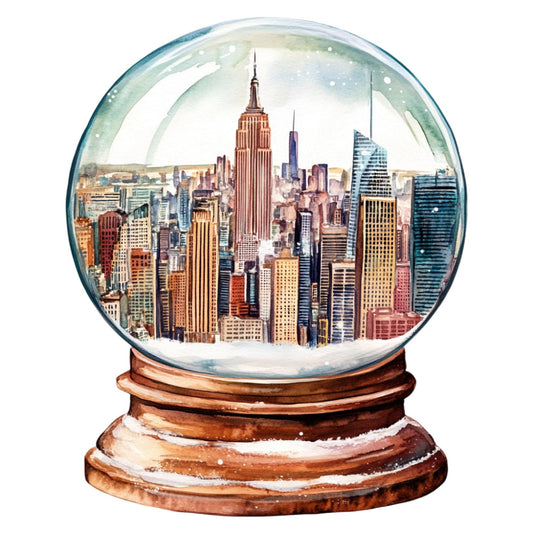 new york city, snow globe, winter, skyline, empire state building, urban landscape, city scene, architecture, building, cityscape, red brick, gold accents, blue-gray, cream white, snow, holiday, novelty, travel theme, vacation, souvenir, whimsical, decorative, vintage style, nostalgic, americana, gift fabric, wall hanging, home decor, seasonal winter