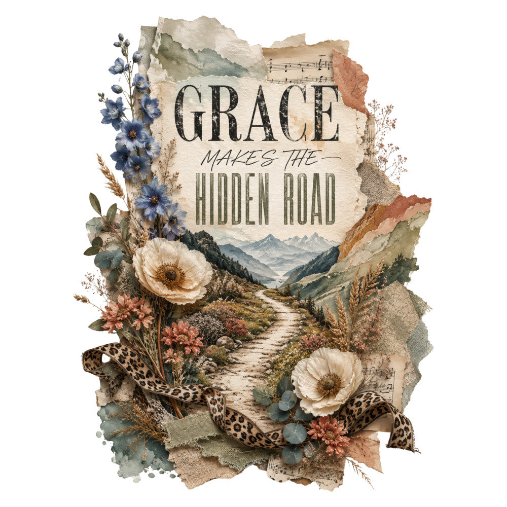 grace, hidden road, inspirational, scripture, floral, nature, landscape, mountains, wildflowers, botanical, vintage, rustic, elegant, bohemian, cream, dusty blue, sage green, terracotta, warm neutrals, delphinium, roses, daisies, leopard print, musical notes, hymnal, spiritual, faith-based, autumn, earth tones, mixed media