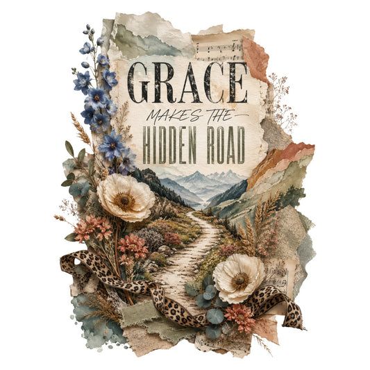 grace, hidden road, inspirational, scripture, floral, nature, landscape, mountains, wildflowers, botanical, vintage, rustic, elegant, bohemian, cream, dusty blue, sage green, terracotta, warm neutrals, delphinium, roses, daisies, leopard print, musical notes, hymnal, spiritual, faith-based, autumn, earth tones, mixed media