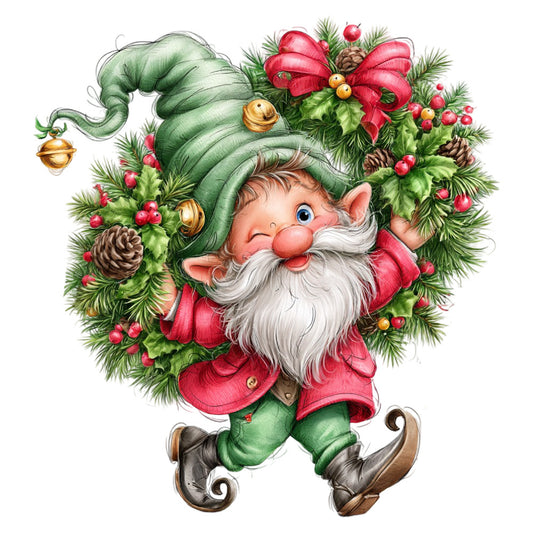 christmas elf, holiday gnome, festive green, forest green, cherry red, cream white, gold accents, evergreen, pinecones, holly berries, ribbon bow, jingle bells, whimsical, vintage christmas, traditional holiday, christmas decoration, winter festive, elf character, nature-inspired, seasonal, christmas themed, holiday decor, retro style, classic christmas, decorative panel, wall hanging, christmas fabric, holiday spirit, merry and bright