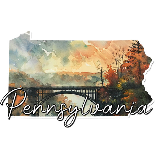 pennsylvania, state pride, watercolor, landscape, autumn, fall foliage, bridge, nature, scenic, orange, rust, golden yellow, sage green, cream, tan, burnt sienna, trees, forest, architectural, vintage, travel, americana, rustic, elegant, state map, regional, harvest season, wall hanging, home decor