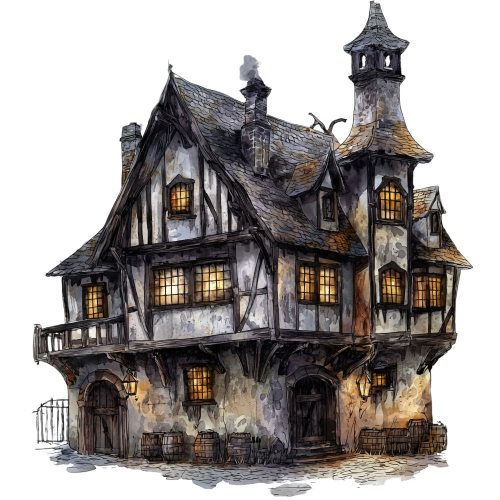 haunted house, spooky, gothic, halloween, creepy, dark academia, witchy, fantasy, storybook, whimsical, charcoal gray, cream white, golden yellow, black, rust orange, architectural, victorian, steampunk, rustic, vintage, eerie, mysterious, cottage core, fairy tale, tim burton style, moody, atmospheric, gabled roof, tower, illuminated windows