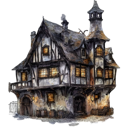 haunted house, spooky, gothic, halloween, creepy, dark academia, witchy, fantasy, storybook, whimsical, charcoal gray, cream white, golden yellow, black, rust orange, architectural, victorian, steampunk, rustic, vintage, eerie, mysterious, cottage core, fairy tale, tim burton style, moody, atmospheric, gabled roof, tower, illuminated windows