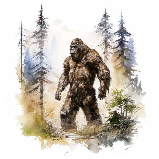 bigfoot, sasquatch, cryptid, woodland, forest, nature, wildlife, animals, watercolor, painted, artistic, rustic, earthy, brown, tan, cream, beige, gray, blue-gray, green, misty, foggy, atmospheric, coniferous trees, pine trees, adventure, outdoor, camping, hiking, pacific northwest