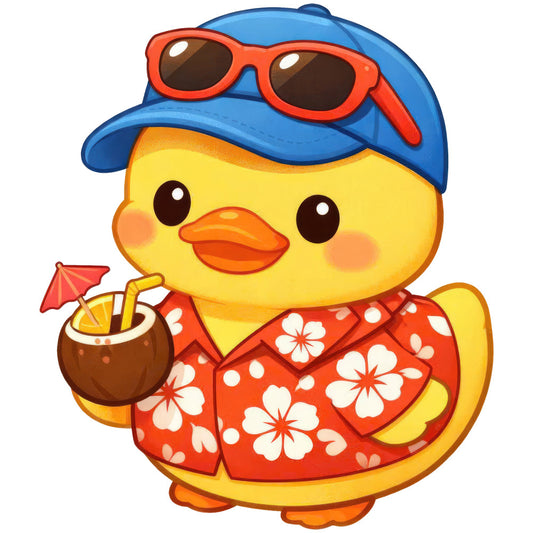 yellow duck, bright yellow, orange beak, red floral, white flowers, blue cap, coral red, tropical, beach theme, summer vacation, cute animals, whimsical, playful, children's fabric, baby print, coconut drink, umbrella cocktail, floral shirt, hawaiian style, resort wear, vacation theme, cheerful, kid-friendly, novelty print, animal character, bold colors, fun prints, summer travel, retro style