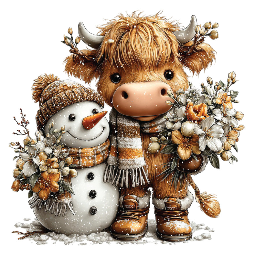 christmas, highland cow, snowman, winter scene, brown fur, orange accents, white snow, floral wreath, cute cartoon style, fabric panel, quilting cotton, holiday theme, winter boots, knit scarf, festive flowers, snow falling, adorable characters, seasonal design, warm earth tones, crafting material