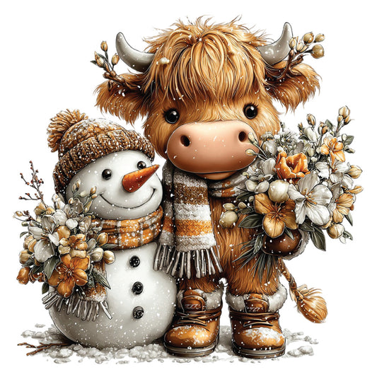 christmas, highland cow, snowman, winter scene, brown fur, orange accents, white snow, floral wreath, cute cartoon style, fabric panel, quilting cotton, holiday theme, winter boots, knit scarf, festive flowers, snow falling, adorable characters, seasonal design, warm earth tones, crafting material