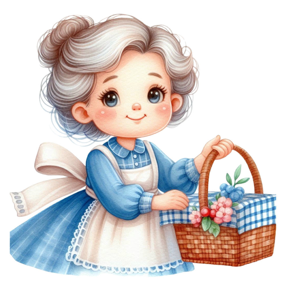 vintage grandmother, gray hair, blue dress, apron, wicker basket, berries, gingham check, cottage core, farmhouse, whimsical, nostalgic, retro, sweet character, pastoral, traditional, spring berries, country style, folk art, cream, navy blue, coral pink, blueberries, raspberries, country charm, grandma theme, storybook illustration, children's fabric, domestic scene, picnic basket, gingham trim