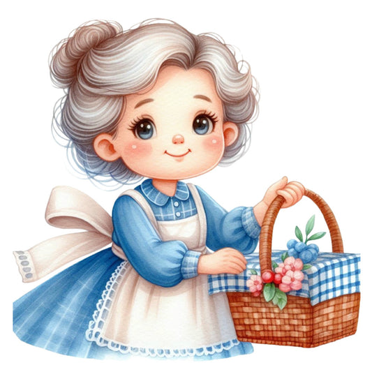 vintage grandmother, gray hair, blue dress, apron, wicker basket, berries, gingham check, cottage core, farmhouse, whimsical, nostalgic, retro, sweet character, pastoral, traditional, spring berries, country style, folk art, cream, navy blue, coral pink, blueberries, raspberries, country charm, grandma theme, storybook illustration, children's fabric, domestic scene, picnic basket, gingham trim
