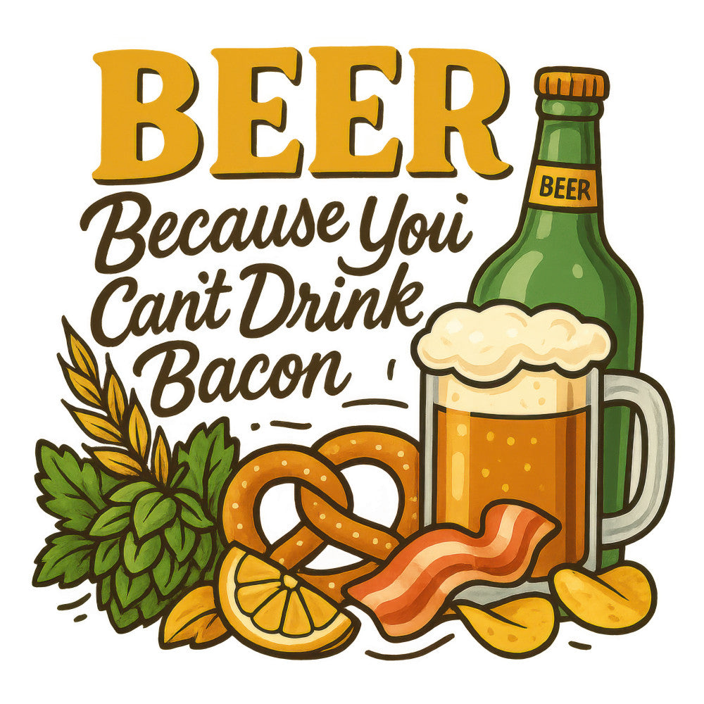 golden yellow, brown text, green bottle, orange beer, white foam, pretzel, bacon strips, hops, wheat, citrus slice, beer mug, bottle design, beverage theme, pub motif, drinking humor, fabric panel, quilting cotton, food illustration, cartoon style, bar snacks