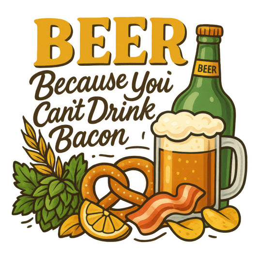 golden yellow, brown text, green bottle, orange beer, white foam, pretzel, bacon strips, hops, wheat, citrus slice, beer mug, bottle design, beverage theme, pub motif, drinking humor, fabric panel, quilting cotton, food illustration, cartoon style, bar snacks